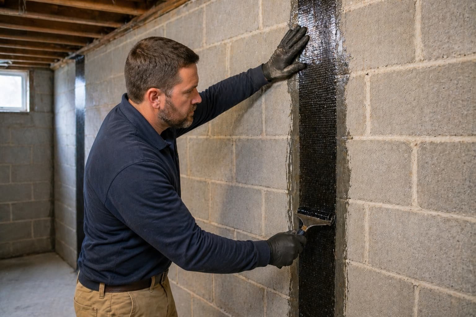 Basement wall repair Roanoke VA — carbon fibre strap on bowing basement wall