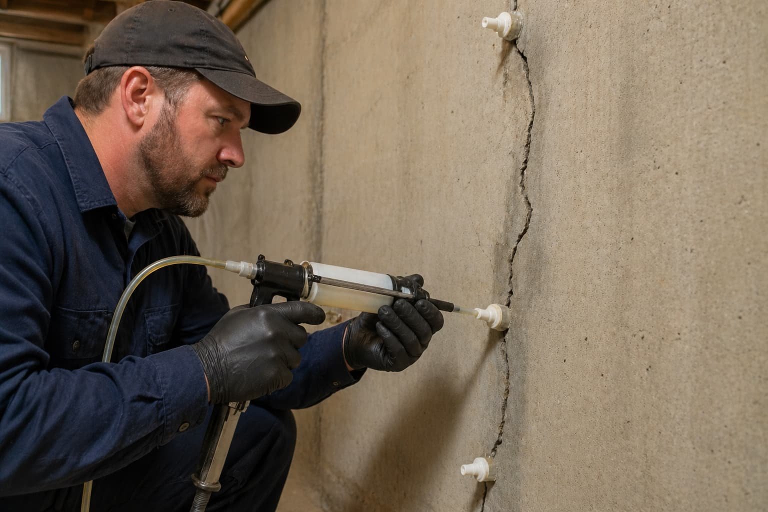Foundation crack repair Roanoke VA — epoxy injection into concrete wall crack