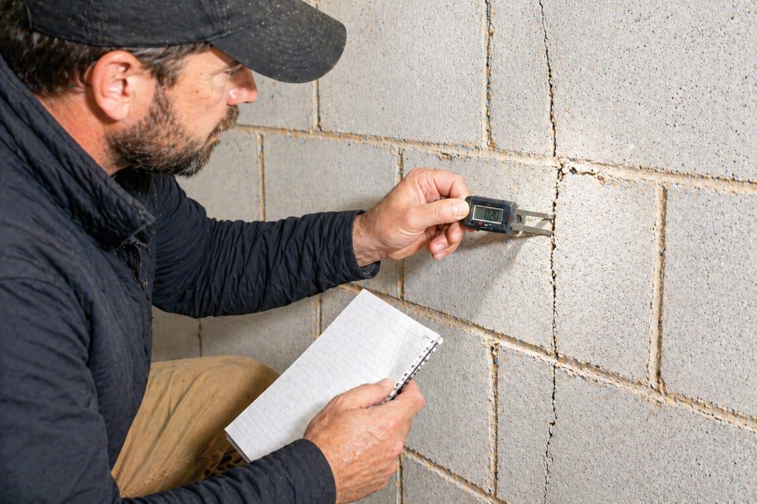 Foundation repair contractor Roanoke VA — licensed inspector assessing basement wall