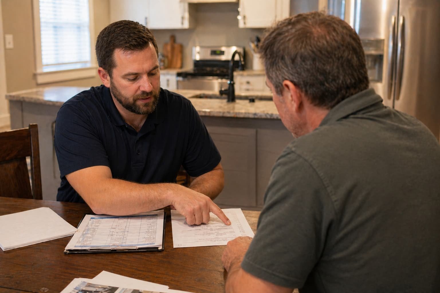 Foundation repair cost Roanoke VA — contractor reviewing written estimate with homeowner