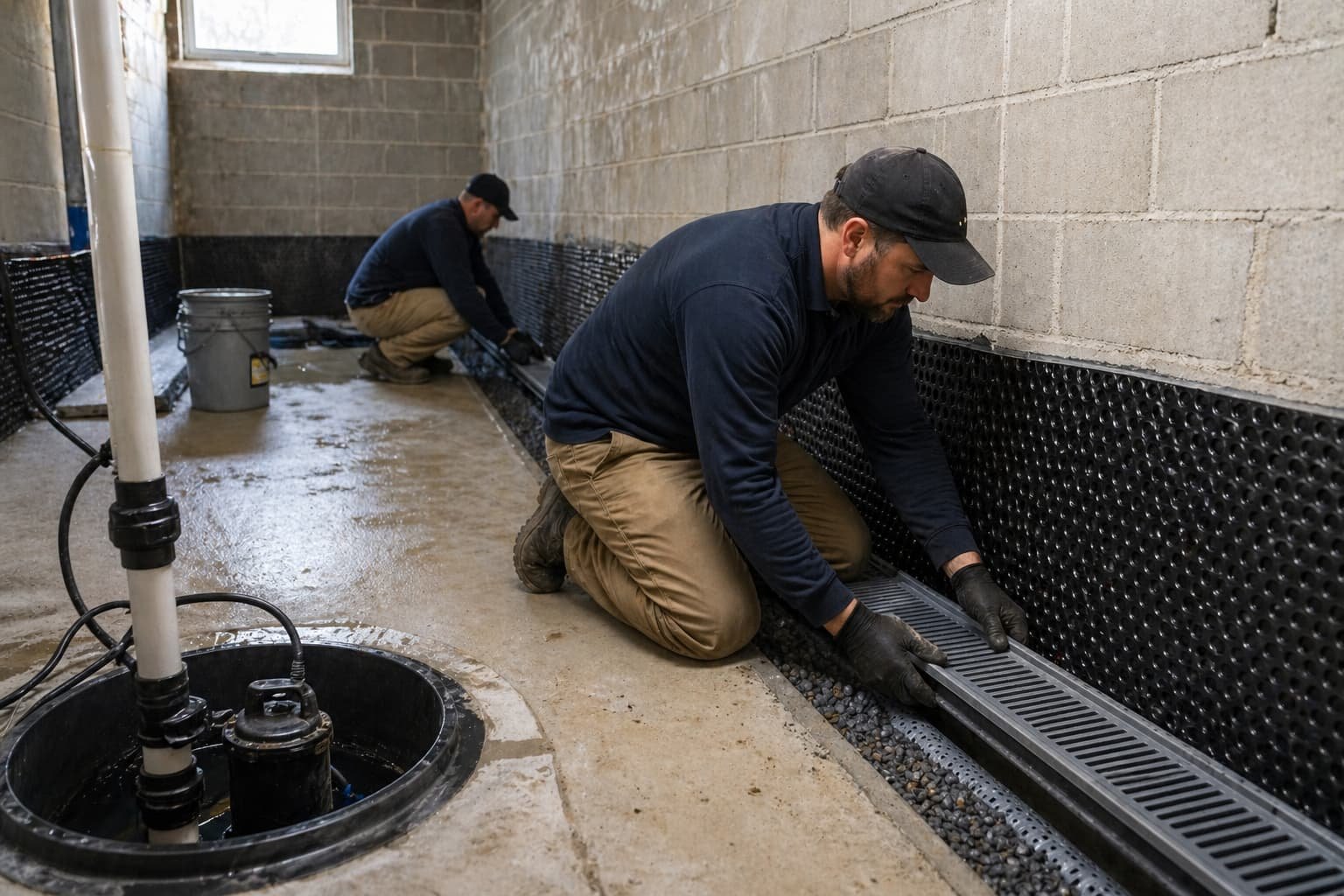 Foundation waterproofing Roanoke VA — interior drainage channel installation